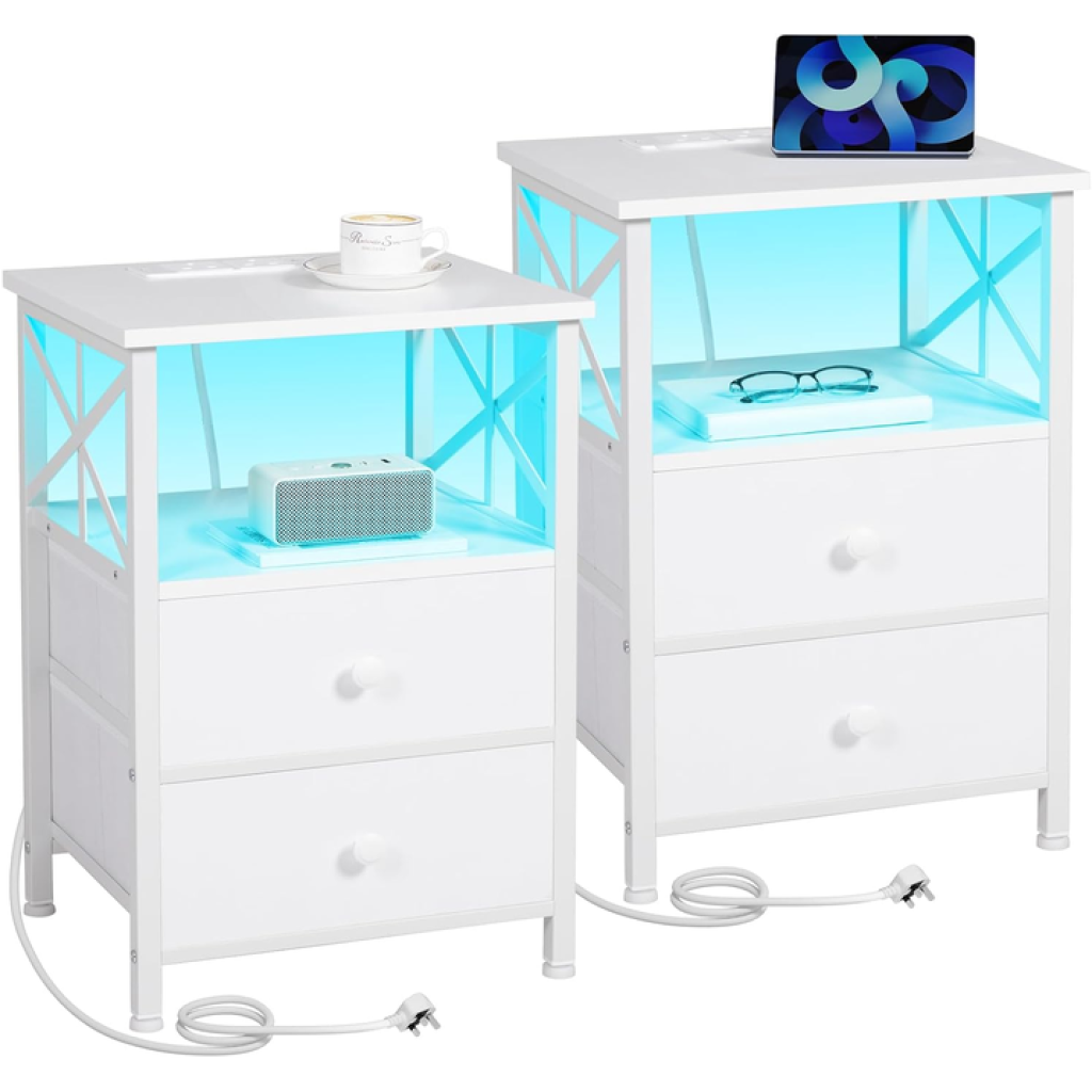 Bedside Table Set of 2, with Charging Station and Led Lights