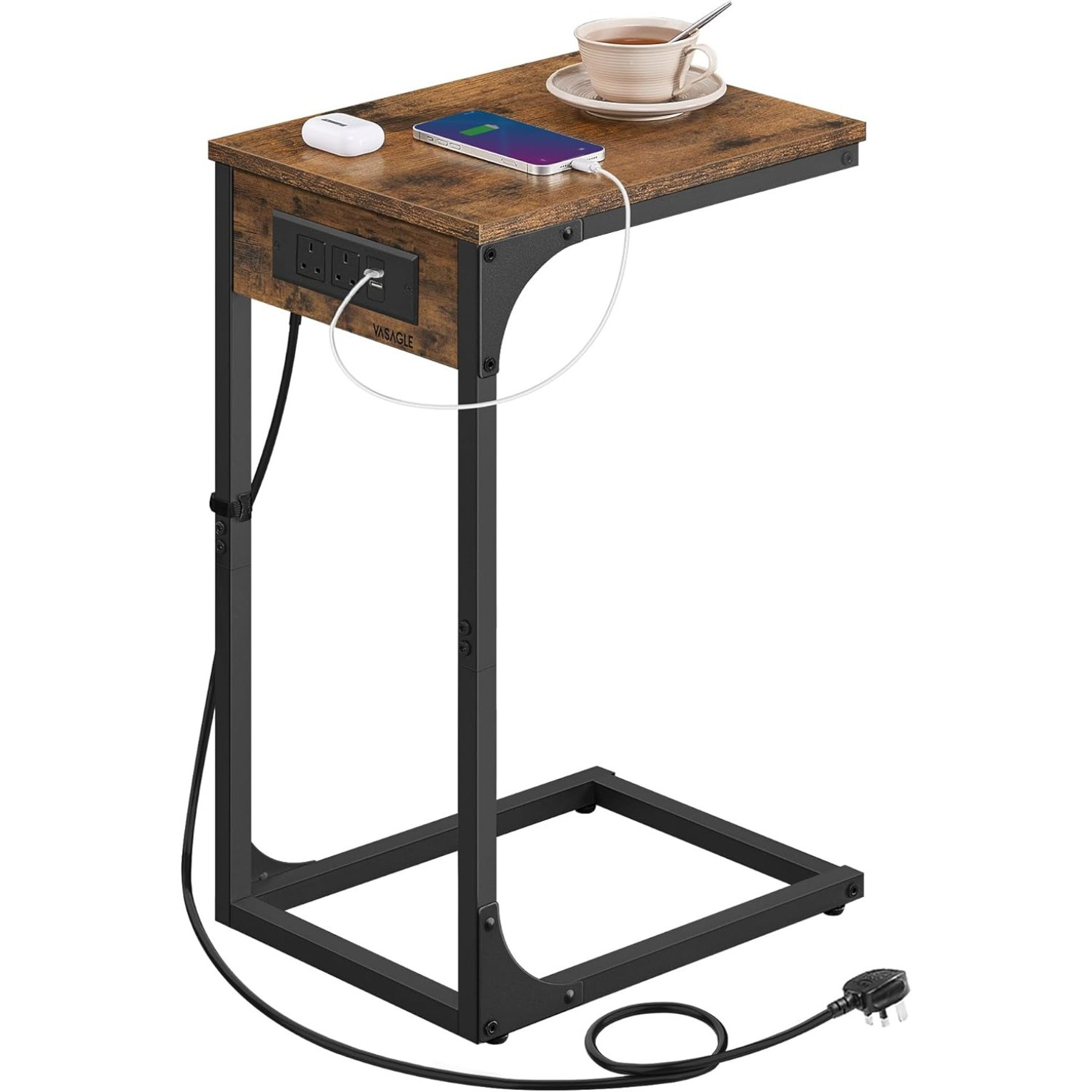 VASAGLE C-Shaped Side Table, End Table with Charging Station