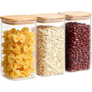 Pack of 3 x ComSaf 1.3L Glass Storage Jars with Bamboo Lids